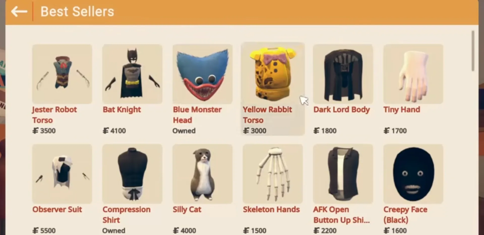 Player-made Avatar Studio items for sale in Rec Room, shown in the shopping menus I designed (video by Sk0l).